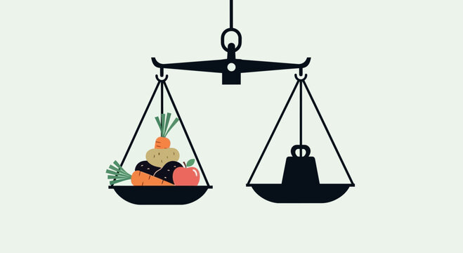 Diet balance scale with vegetables and weight, healthy food choice concept