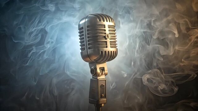 A vintage metallic microphone stands amidst swirling clouds of thick white smoke
