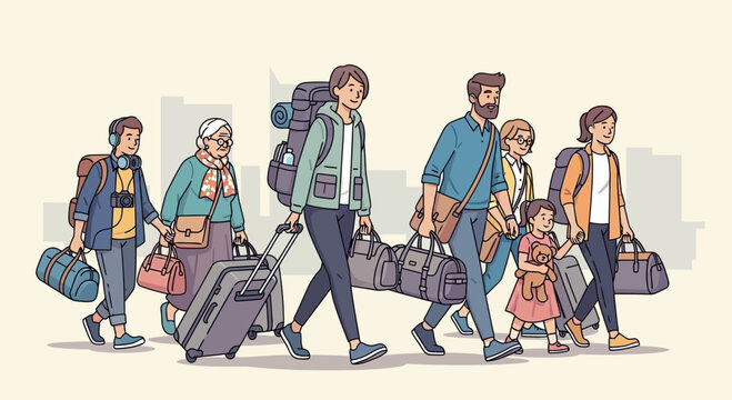 Diverse family group traveling together with luggage, walking in city