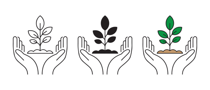 Set of three hands holding a small green plant sprout icon vector illustration.