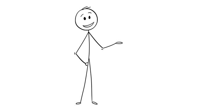 Stick figure character smiling and presenting with hand gesture isolated on transparent background