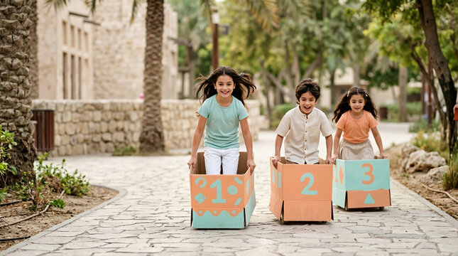 Children racing in decorated cardboard boxes. Group of kids playing a creative imagination game outdoors. DIY toy car race in a park