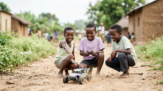 African children playing with a remote control car on a dirt road. Group of boys laughing and enjoying a toy vehicle in a rural village. Childhood joy and technology
