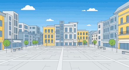 Pixel Art City Square with Buildings and Blue Sky © Maryati