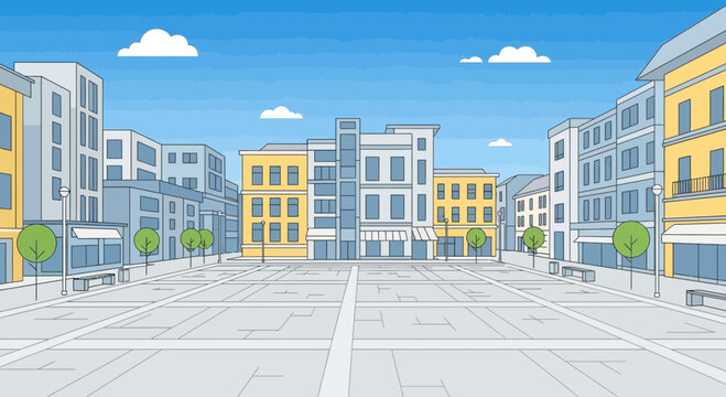 Pixel Art City Square with Buildings and Blue Sky