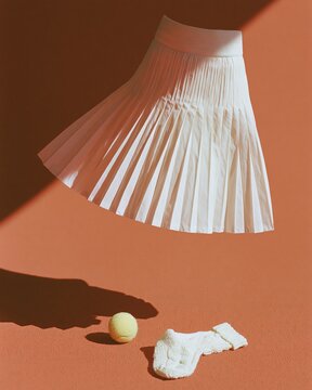 Invisible mannequin displaying a white pleated skirt with a waistband, accompanied by a yellow tennis ball and white socks on a textured orange background