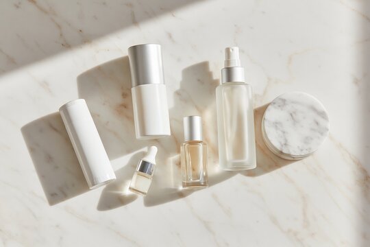 Overhead flat lay of minimal skincare products including bottles and jars on a light marble surface, showcasing a clean and organized arrangement for beauty enthusiasts