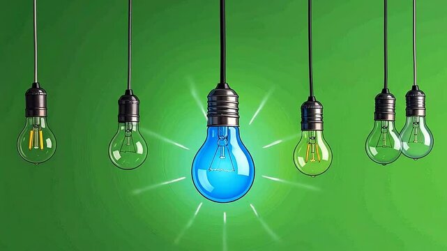 A single glowing blue light bulb stands out among several unlit glass bulbs