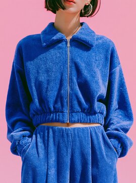 Woman in matching cobalt blue fleece outfit with cropped jacket and high-waisted pants, posing against a vibrant pink background