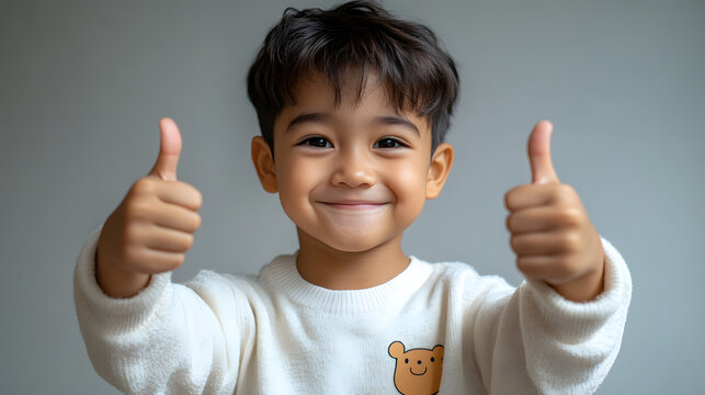 Happy young smiling boy giving two thumbs up sign looking at camera