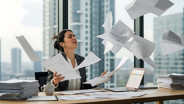 A businesswoman overwhelmed, flailing as papers fly around her office desk
