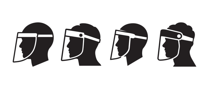Set of black icons showing people wearing protective face shields for safety and health protection.