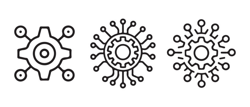 Three black gear cog icons with digital circuit connections representing technology and engineering concepts in a minimal line art style set.