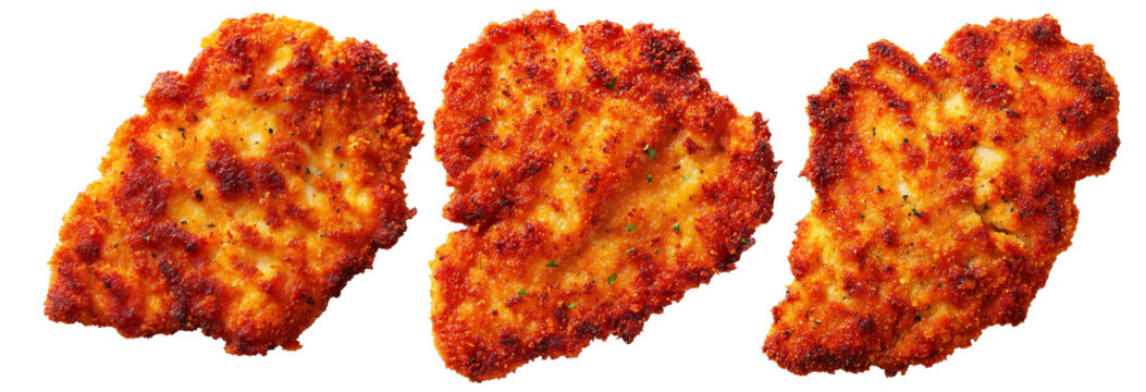 Milanesa breaded beef chicken schnitzel or cutlet with parsley garnish, isolated on white background, South American Cuisine