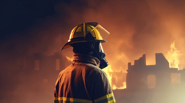 Firefighter responds to blaze in urban area dramatic fire scene emergency response environment profile view