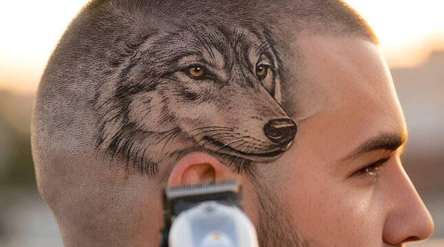 Man with wolf hair design, creative animal art, hairstyle
