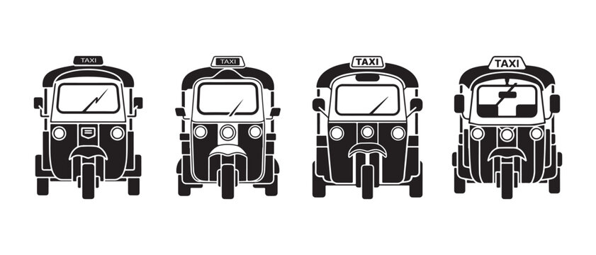 Set of four black and white rickshaw taxi vehicle icons showing different designs for urban transportation.