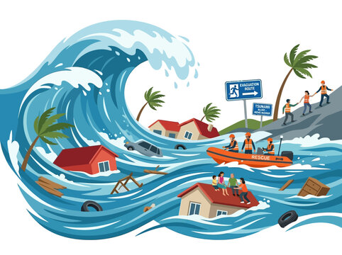Natural disaster scene with massive tsunami wave and flood rescue