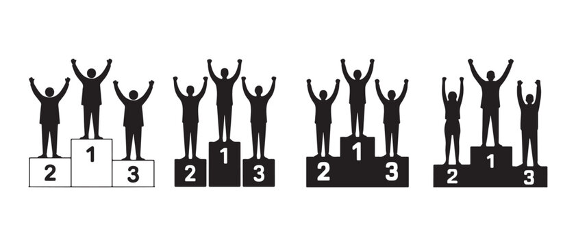 Black silhouette icons of winners standing on podiums with first second and third place numbers for business success and competition concepts.