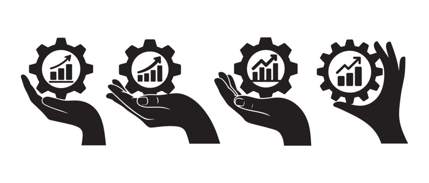 Black hands holding gears with rising growth bar charts representing business success and efficiency set.