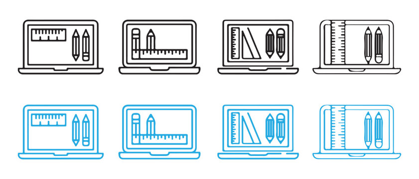 Set of laptop computer icons with drafting and design tools like rulers and pencils in black and blue line art style for architecture and engineering.