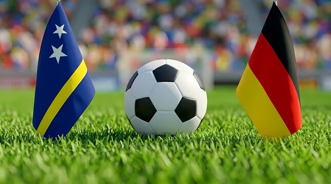 Curacao Versus Germany International Football Match Concept With Soccer Ball On Grass Field And Stadium Background
