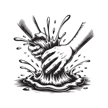 South Korea &ndash; Boryeong Mud Festival | Mud Splash Hands Expressive Motion Black and White Vector Illustration | Vintage Engraved Dynamic Composition
