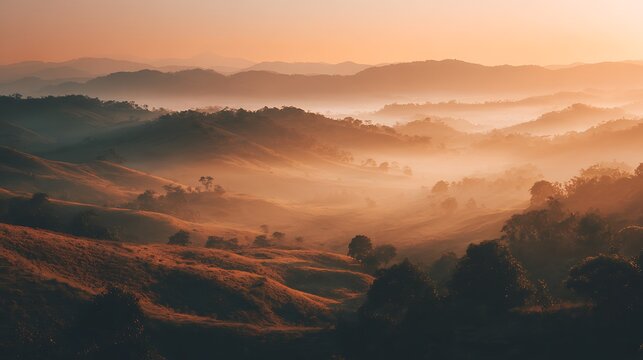 Aerial View of Rolling Hills and Mist at Golden Sunrise