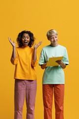 Obraz premium Two women on yellow studio background with excited expression and clipboard for poster and social media banner design