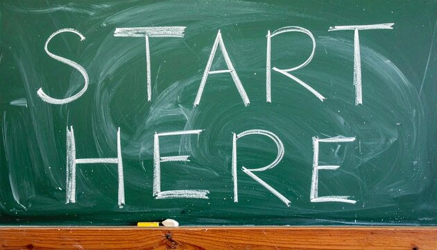 Green chalkboard with white chalk text saying motivational start here