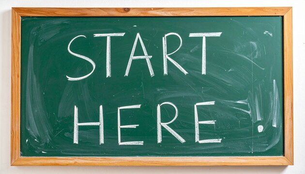 Green chalkboard with white chalk text saying motivational start here