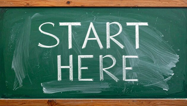 Green chalkboard with white chalk text saying motivational start here