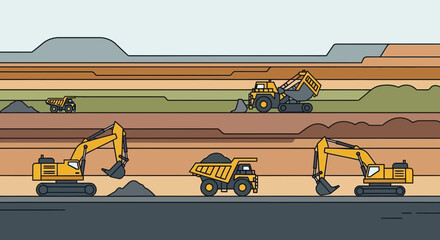 Excavators and dump trucks working in a large open-pit mine, industrial construction. © Rizal