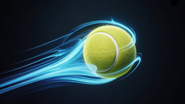 Fast flying tennis ball with blue light trails on black background