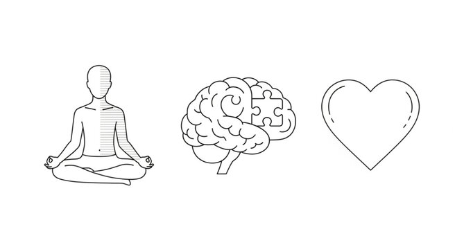 Person meditating with brain puzzle and heart illustration