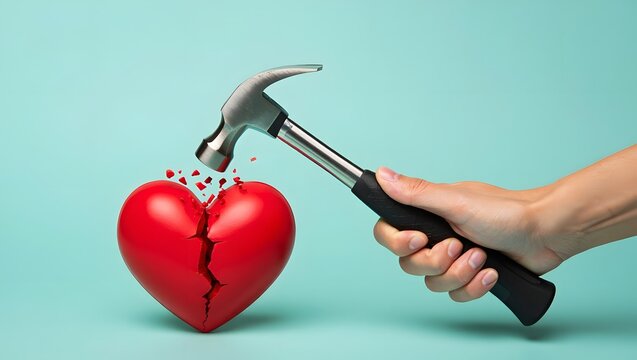 Hand holding a hammer breaking a red heart shape