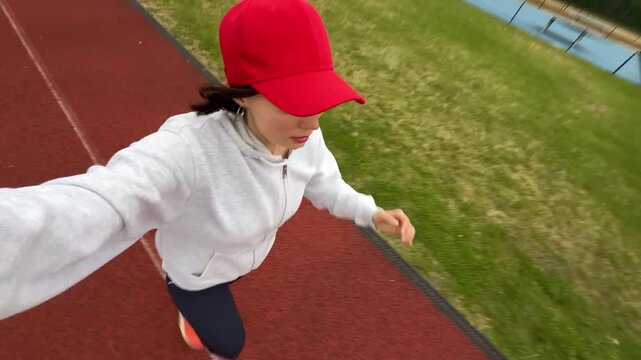High angle POV selfie of a young active woman in a red cap running on an athletic track, horizontal smartphone video screenshot for fitness blogging and content creation concept