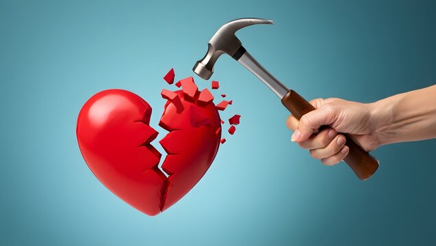 Hand holding a hammer smashing a red heart