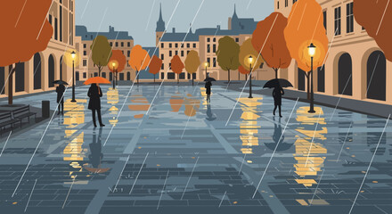 Rainy City Square with Autumn Trees and Reflections © Rizal