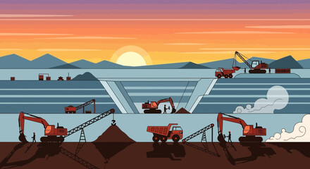 Open Pit Mine Landscape with Excavators, Trucks, and Sunset Sky © Rizal
