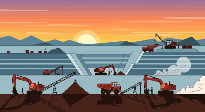 Open Pit Mine Landscape with Excavators, Trucks, and Sunset Sky