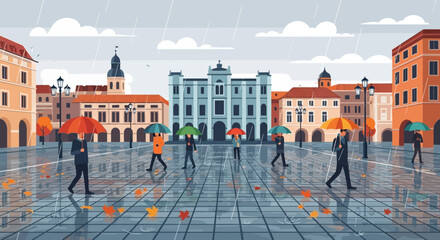 People with umbrellas walking in rainy town square with wet cobblestones and autumn leaves © Rizal