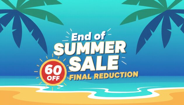 End of Summer Sale banner with 60 percent off discount, tropical beach background with palm trees, seasonal clearance final reduction promotion