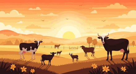 Farm animals grazing in a field at sunset. Cows and sheep in a rural landscape. © Rizal