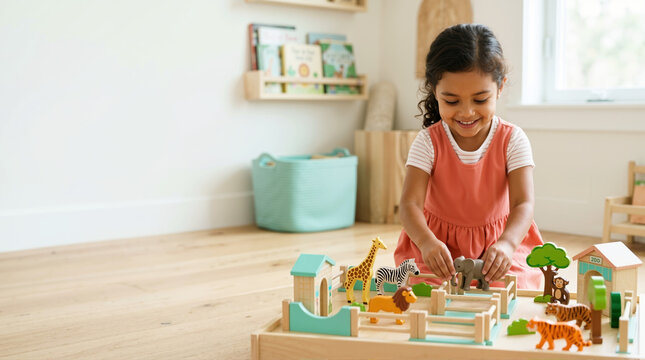 Little girl playing with a wooden toy zoo and animal figures on the floor. Happy child engaged in imaginative play in a modern playroom. Early childhood education concept with copy space