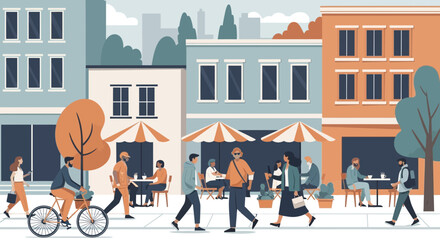 Urban street scene with diverse people walking, cycling, and dining at outdoor cafes. © Rizal
