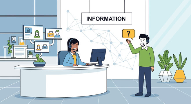 Customer service agents helping at information desk with digital displays and question mark icon