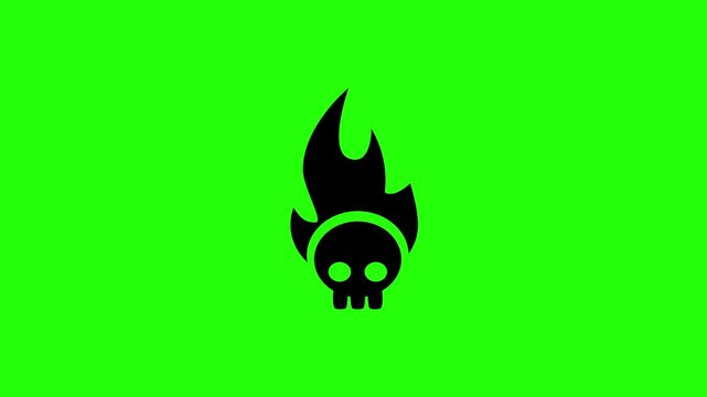 Clean 4K horizontal video showing a badass heavy metal human skull engulfing in hot blazing fire flames bouncing. High quality popup graphic for biker culture.