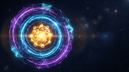 Obraz premium Glowing abstract atomic nucleus and energy sphere in space