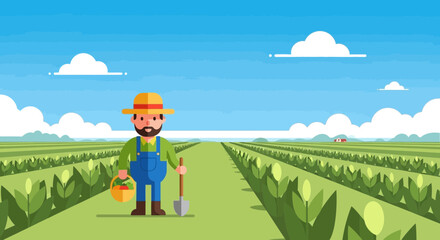 Happy farmer in field with shovel and basket of vegetables, flat illustration © Rizal